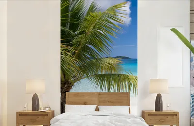 Produktbild von MuchoWow® Fototapete für Wohnzimmer oder Schlafzimmer Wandtapete Vinyl Motivtapete Tropische Palmen am Strand - 120x240 cm - Hintergrundbild