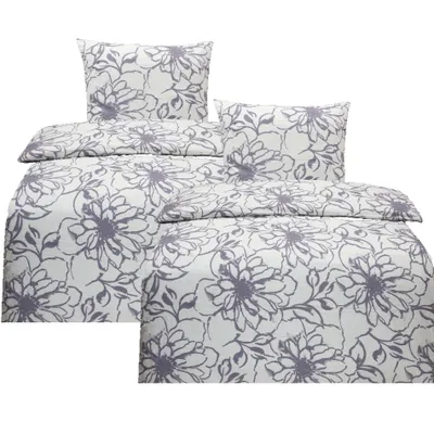 Produktbild von Hochwertige Biber Bettwäsche Baumwolle Blumen Weiß Grau 135x200 80x80: 4tlg.