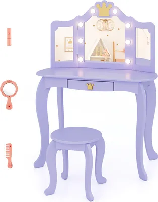 A purple children's vanity table and stool set with a tri-fold mirror and lights, along with some toy accessories.