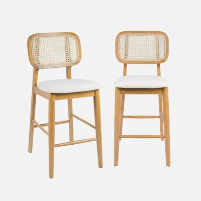 Produktbild von sweeek - 2er-Set Barhocker aus Heveaholz mit Rattan-Geflecht und Stoffbezug - Natur