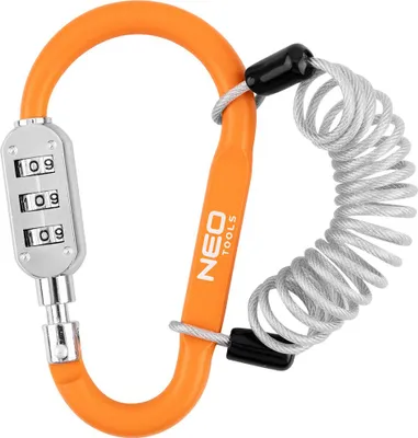 Produktbild von NEO TOOLS Karabinerschloss mit 3-stelligem Zahlencode & 1m Stahlkabel, robustes Sicherheitsschloss für Koffer, Fahrrad, Rucksack & Werkzeug, 110x62x12mm