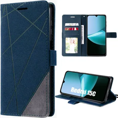 Image de Coque pour Xiaomi Redmi 15C 4G/5G, Flip Case Protection 360 CuirPolyuréthaneMotif Rayures - Bleu Marine