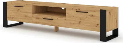 A long, low TV stand with a wood-grain finish and black metal legs, shown against a white background.