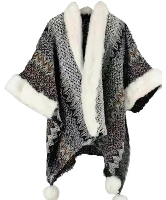 Produktbild von Poncho Damen bunte Streifen Ethno-Stil Strick Wickeltuch offene Vorderseite Cardigan Grau Einheitsgröße