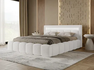 Produktbild von Chilly Möbel Design LUMI Polsterbett 160x200 cm mit Bettkasten & LED-Beleuchtung – Doppelbett Bouclé Weiß, Metallrahmen, Lattenrost & großer Stauraum - Quelle 01