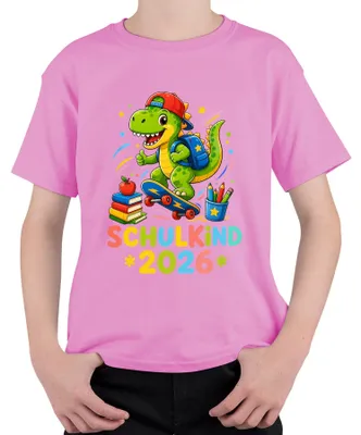 Produktbild von Schulkind 2026 Dino Skateboard Einschulung Schulanfang Schultüte Kinder T-Shirt, Pink, 104