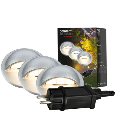 Produktbild von BRILONER Connect to Shine 3er Set Bodeneinbauleuchten, Starterset, IP65 Wasserfest, Seitenlicht, Warmweißes Licht, silberfarbig, 3,5 x 3,5 cm