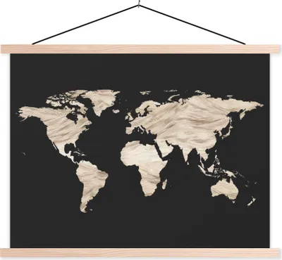 Produktbild von MuchoWow® Textilposter Weltkarte - Beige - Schwarz 150x113 cm mit holzfarbenen Rahmen - Poster