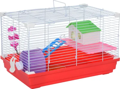 Produktbild von PawHut Hamsterkäfig, Hamsterhaus, 47 x 30 x 27 cm, mit 1 Boden-Futterspender, Tränke, Rampe, Laufrad für kleine Tiere, Weiß und Rot