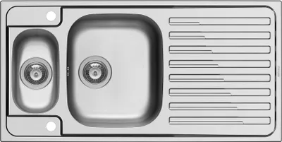 A top-down view of a stainless steel kitchen sink with two basins and a draining board.