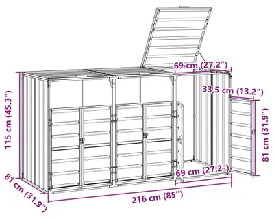Produktbild von vidaXL Mülltonnenbox für 3 Tonnen Grau 216x81x115 cm Stahl