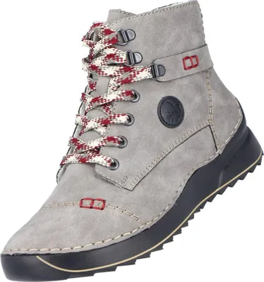 A single gray boot with red and white laces is shown against a white background.