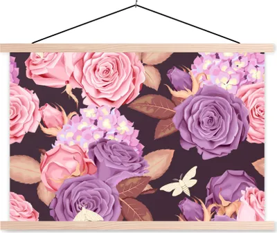 Produktbild von MuchoWow® Textilposter Blumen - Schmetterlinge - Lila - Rosa 120x80 cm mit holzfarbenen Rahmen - Aufhängeset