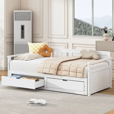 Immagine prodotto di MODFU divano letto divano da giorno 90 x 190 cm/180 x 190 con 2 cassetti, letto estraibile, pino (senza materasso), bianco