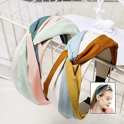 Produktbild von Breiter Haarreif im Vintage- und Bohème-Stil aus Stoff und Kunststoff, niedliches Haarband für Damen, geeignet für Make-up, Fitness, Yoga, Laufen, Wandern, Gesichtswäsche und Make-up, 2