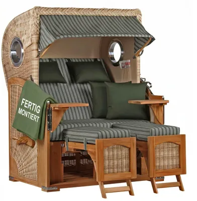 Produktbild von Strandkorb wetterfest Düne Teak Shell 2-Sitzer mit Bullaugen & PE-Geflecht Volllieger