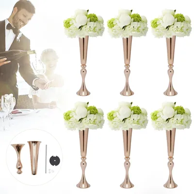 Immagine prodotto di Vasi da tavolo a forma di tromba - Set di supporti per fiori in metallo - 6 pezzi, altezza 56 cm, per decorazioni da tavolo per matrimoni, feste e compleanni - Rosa oro