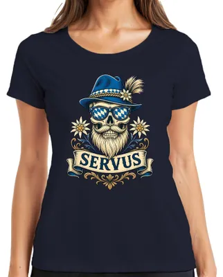 Zdjęcie produktu dla Koszulka damska, motyw "Servus Totenkopf", kapelusz w stylu bawarskim z edelweissami, spodnie skórzane w stylu bawarskim, rozmiar XXL, kolor granatowy