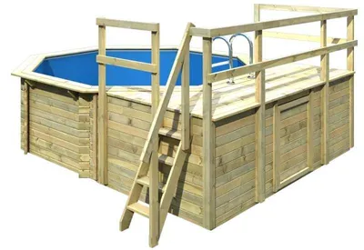 Produktbild von Aufstellpool Holzpool-Set Karibu Classic 1D rund Ø 400x124 cm inkl. Leiter, Bodenschutzvlies, Sonnendeck & 2 Flügel Holz