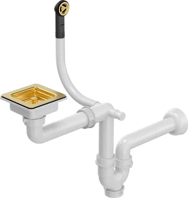 Produktbild von QUADRON Quadratischer Stopfenablauf mit Einkammer-Siphon - PVD Gold, platzsparend, ideal für Granitspülen, Farbe: Gold, Modernes Design