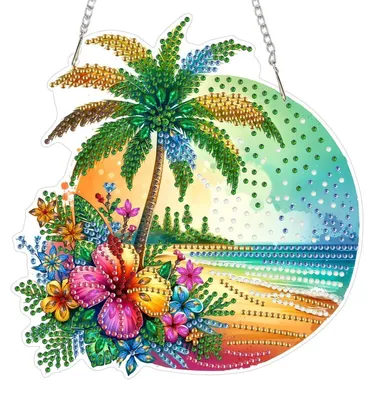 Immagine prodotto di Ciondolo "Diamond Painting" a tema estivo e spiaggia, con catena; kit per creare decorazioni da appendere alle finestre, ideale per adulti