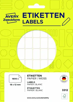 Imagen del producto de Etiquetas universales Avery Zweckform® 3312 - 18 x 12 mm, blancas, 1800 etiquetas/25 hojas, de adherencia permanente