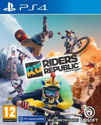 A dynamic action shot of extreme sports athletes in mid-air, with mountains and a vibrant sky in the background.