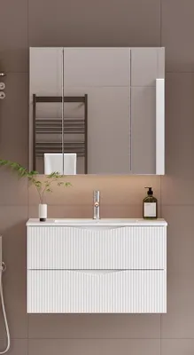 Produktbild von Badmöbel-Set 2-teilig mit 80 cm Waschtisch & Spiegelschrank in weiß mit gerillter Front - CALURI-140