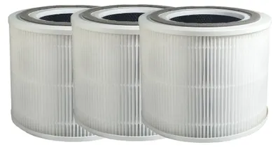 Three cylindrical air filters are arranged side-by-side on a white background.