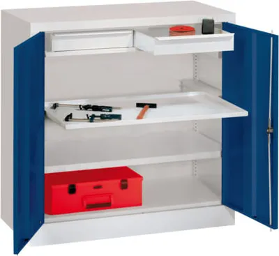 Produktbild von Stahlschrank - Vollblechtür - 1 Einlegeboden, 1 Ausziehboden, 2 Schubladen - 1.000x1.000x500 mm (HxBxT) - feuerrot