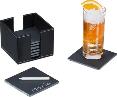 Produktbild von Relaxdays Schiefer Untersetzer 8er Set, Kunstleder-Box, Getränkeuntersetzer, 10x10 cm, Schieferplatte Gläser, anthrazit