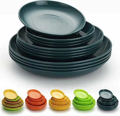 Immagine prodotto di Set di piatti in plastica, 12 pezzi, piatti piani, 3 dimensioni: 15,5/19,5/23,5 cm, resistenti alla rottura, riutilizzabili