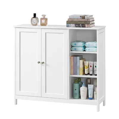 Obrázek produktu pro Skříňka do koupelny, stojací model, se 2 dvířky a 3 otevřenými policemi, rozměry 90 x 30 x 80 cm, bílá barva, Obrázek vytvořený pomocí AI