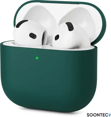 A pair of white wireless earbuds inside a dark green charging case.