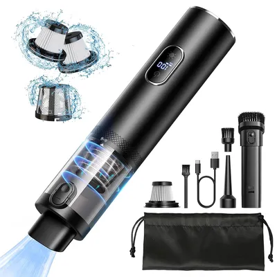 A black cordless handheld vacuum cleaner with various attachments and accessories displayed on a white background.