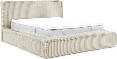 A bed frame with a mattress and topper, shown from a three-quarter side view against a white background.