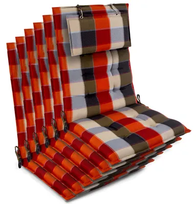 Imagen del producto de Beautissu, juego de 6 cojines para sillas de respaldo alto, diseño a cuadros naranja-beige, dimensiones 120x50x8 cm