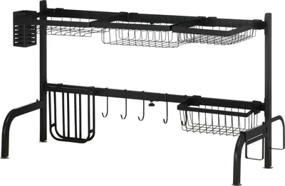 Produktbild von Abtropfgestell 2-Stufiges Geschirr-Abtropfgitter, Abtropfständer Mit Haken, Abtropfschale, Stahl, Schwarz, 51-93 Cm