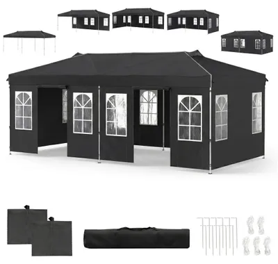 Produktbild von KOMFOTTEU Pavillon, 3 x 6 m Pop up Partyzelt höhenverstellbar, Faltpavillon mit 6 Seitenwänden & Fenstern, Gartenzelt mit Sonnenschutz, Faltpavillon mit Tragetasche & Reflexstreifen (Schwarz)