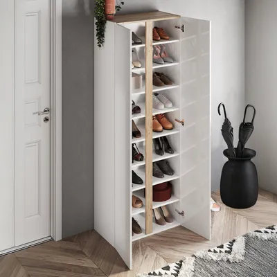 Immagine prodotto di Dmora Armadio Multiuso 2 Ante Gradoli 70x185h cm Bianco Lucido, 8 Ripiani Cassetti