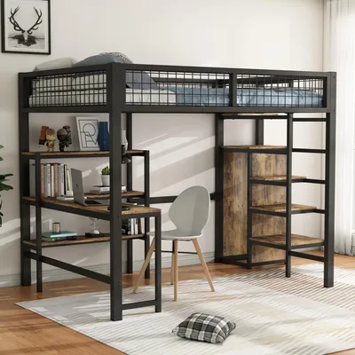 Image de ELANDEPOT Lit mezzanine 140 × 200 cm noir / marron bureau armoire rangement échelle sommier à lattes sans matelas