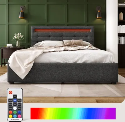 Produktbild von Flieks Polsterbett 140x200cm mit LED und höhenverstellbarem Kopfteil, Doppelbett mit Lattenrost und 4 Schubladen, Stauraumbett Leinen, Grau