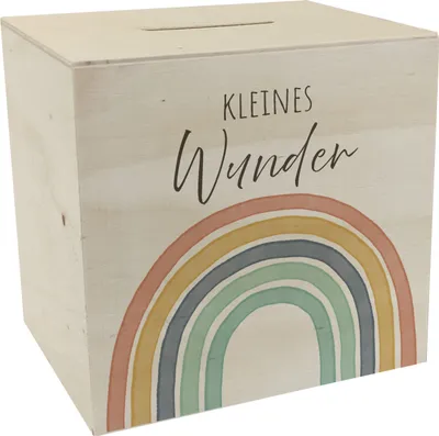 Produktbild von Regenbogen Spardose aus Holz mit Spruch Kleines Wunder