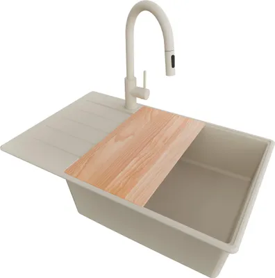 Produktbild von PRIMAGRAN Granitspüle Beige 78x50cm, Spülbecken 1 Becken + Küchenarmatur 40x20cm + Ablauf-Set + Schneidebrett, Küchenspüle ab 60er Unterschrank - Kopenhagen