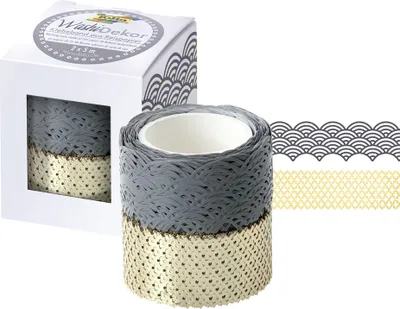 Produktbild von folia Deko-Bordüre Washi-Dekor grau / gold 2er Set 25 mm x 5 m