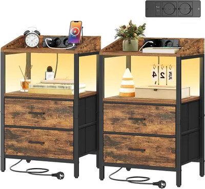 Image de Ensemble de tables de chevet - Tables d'appoint - Rangement avec tiroirs - Avec éclairage LED et ports USB - 30x40x68 cm - Marron et noir