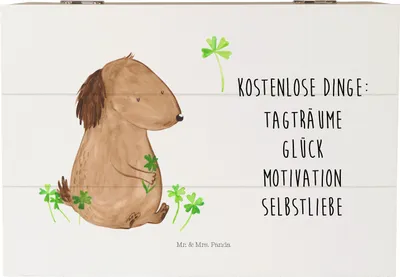 Produktbild von Mr. & Mrs. Panda Geschenkbox Hund Kleeblatt 22 x 15 cm - Weiß - Geschenk, Sprüche, Liebe, Gratis, Kiste, Holzbox mit Deckel, Schatulle, geschenkkiste, Truhe, fotobox