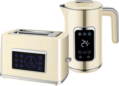 A cream-colored electric kettle and toaster set are displayed against a white background.