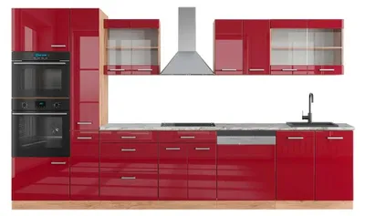 Immagine prodotto di Cucina componibile Vicco R-Line Rosso lucido/rovere dorato 350 cm con armadio alto, PL Marmo, Model 49477