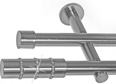 Produktbild von BASIT® Gardinenstange Set Edelstahl Look Metall Ø 19mm zur Wandbefestigung 2-lauf Kristall, Länge wählbar H29 E67 E61